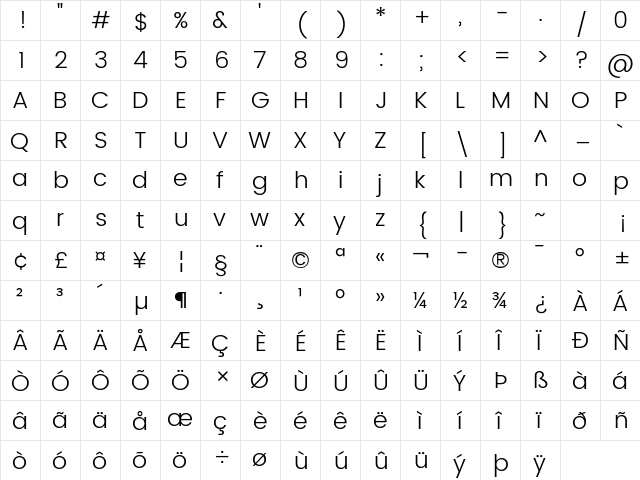 Poppins Light Regular  glyph index