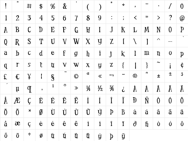 Benderville Regular  glyph index