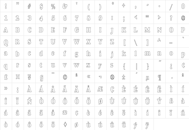 Alexuss Heavy Hollow Condensed Regular  glyph index