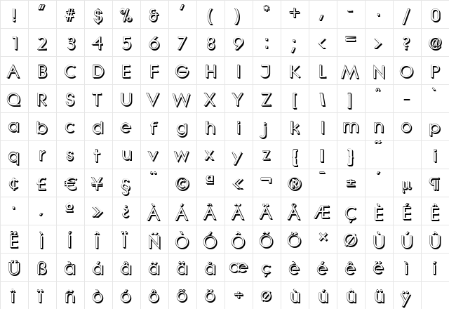 LiteraShadow Bold  glyph index