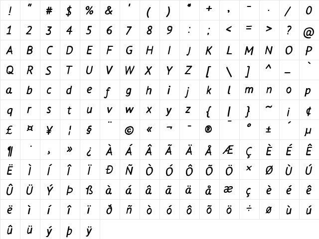 Flow Ext Bold  glyph index