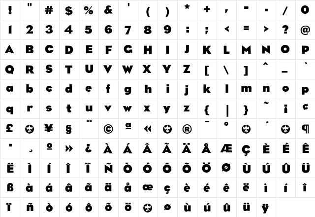 BureauEagleBold Regular  glyph index