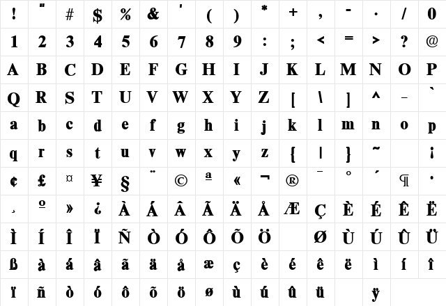 RomanLH Bold  glyph index