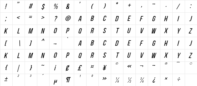 Blackside Rust Italic Regular  glyph index
