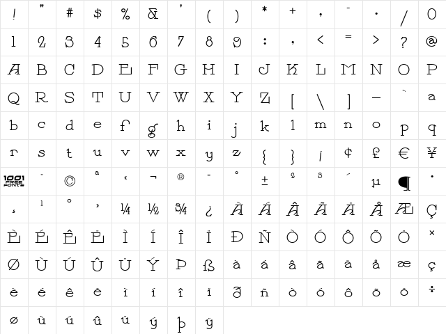 Payzant Pen NF Regular  glyph index