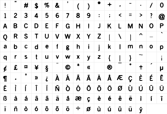 Blue Bond Regular  glyph index