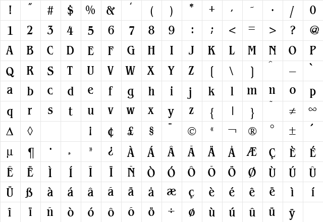 BenjaminCondMedium Regular  glyph index