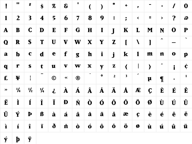 MatrixExtraBoldLining Regular  glyph index