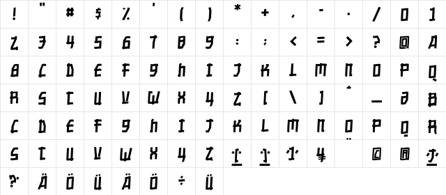 NipponToonItalic Regular  glyph index