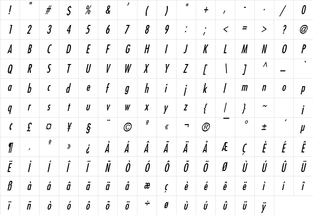 Fuji Condensed Italic  glyph index