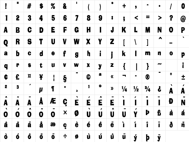 Alor Condensed Bold  glyph index