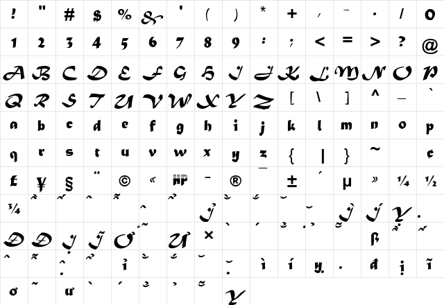 HP-SapTay Regular  glyph index