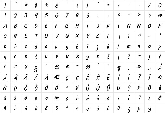 Little Fish Italic Regular  glyph index