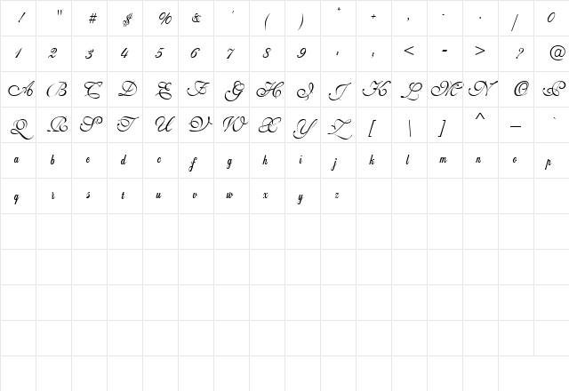 WeddingScript Bail Regular  glyph index