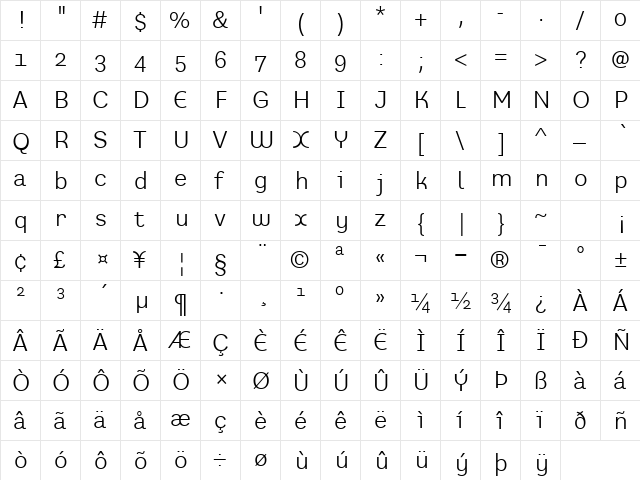 PrefaceBook Regular  glyph index