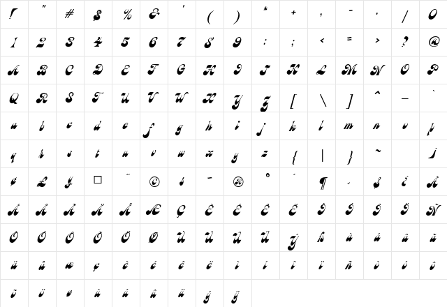 Brandy MF Script  glyph index