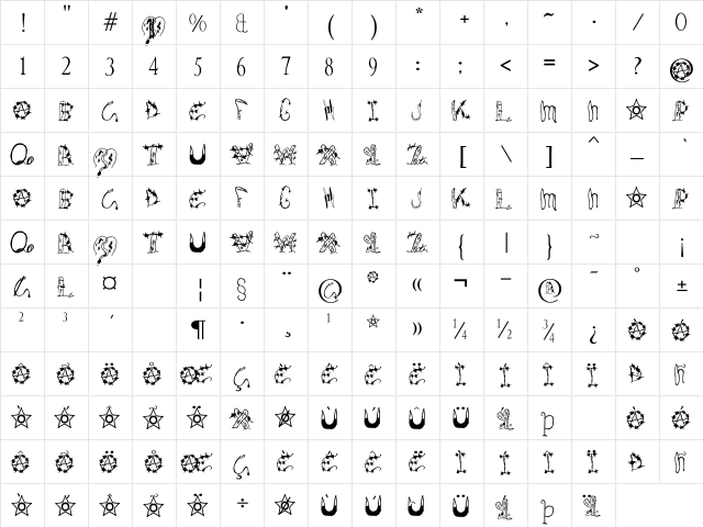 Wires and Cowboys Regular  glyph index