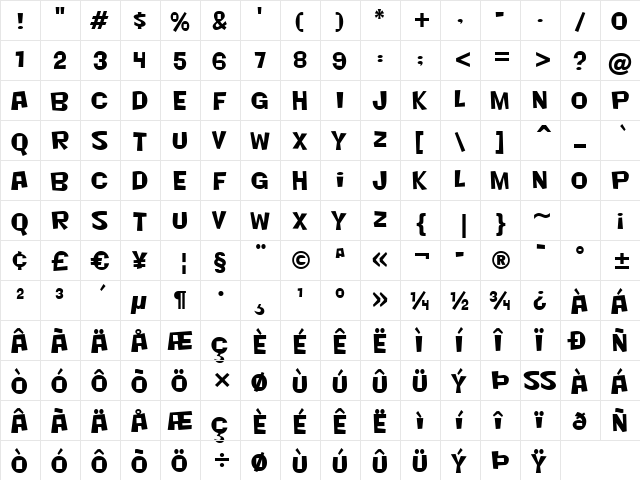 Nightclub BTN Regular  glyph index