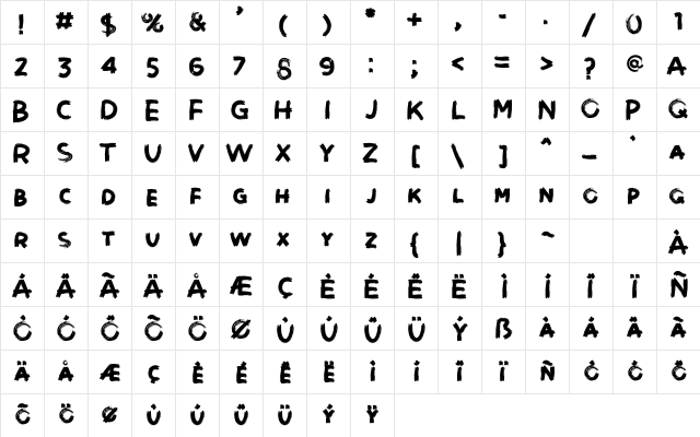 Brushot Bold  glyph index