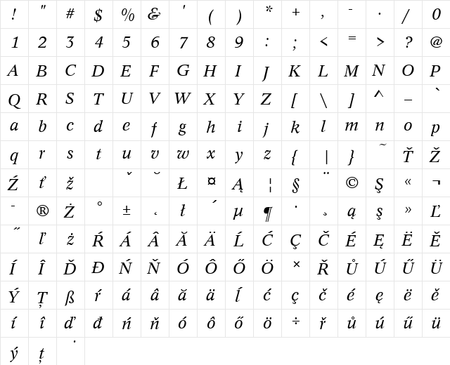ContusTEEReg Italic  glyph index