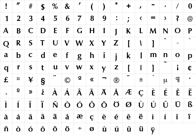 Columbia-DemiBold Regular  glyph index