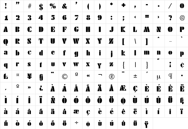 Dekoblack Regular  glyph index