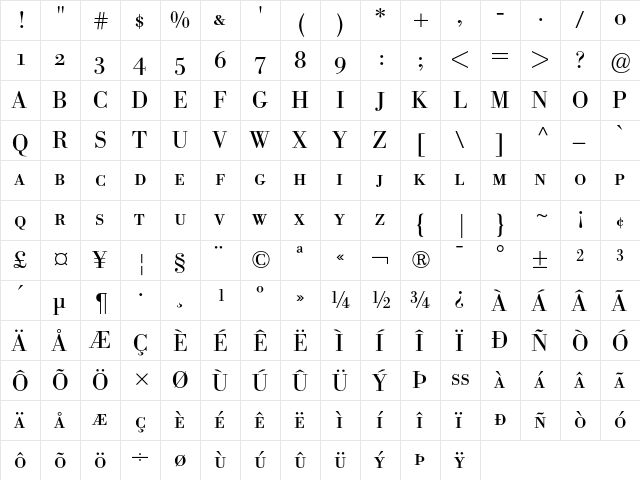 Bodoni BE Regular Small Caps & Oldstyle Figures  glyph index