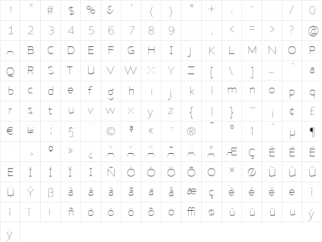 NubianAlt-Thin Thin  glyph index