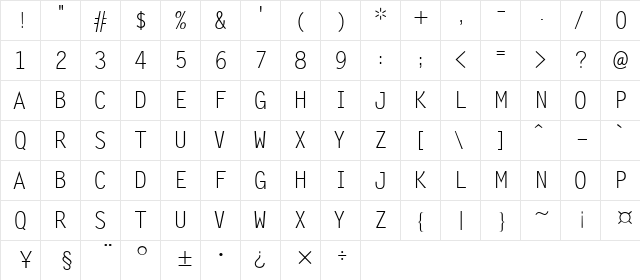 Zomnk Regular  glyph index