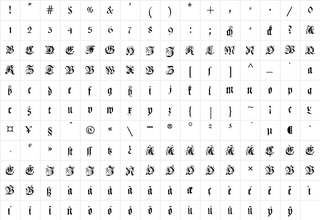 CoelnischeCurrentFraktur Regular  glyph index