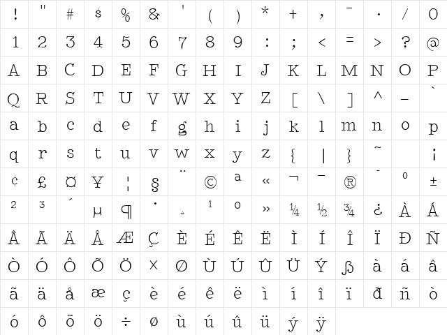 BetterTypeRightThin Regular  glyph index