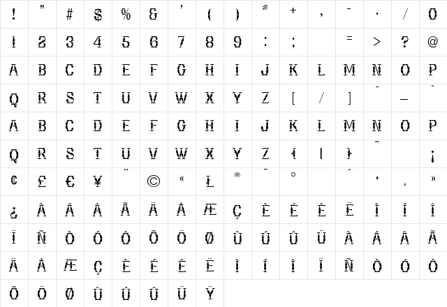 Bordeaux Normal  glyph index