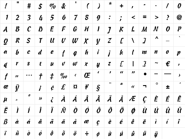 Quiberon Regular  glyph index