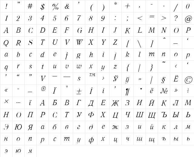 Literaturnaya Italic  glyph index