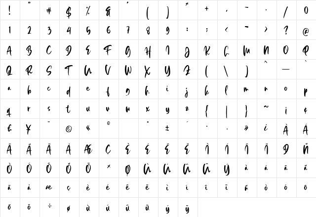 Glibwood Anthem Regular  glyph index