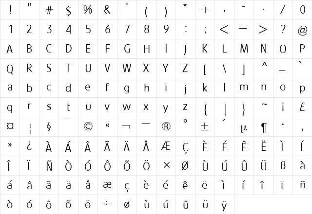 Evo BQ Regular  glyph index