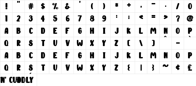 Cute 'n' Cuddly Regular  glyph index