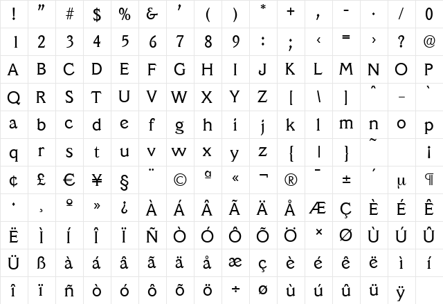 VeracruzSerial Regular  glyph index