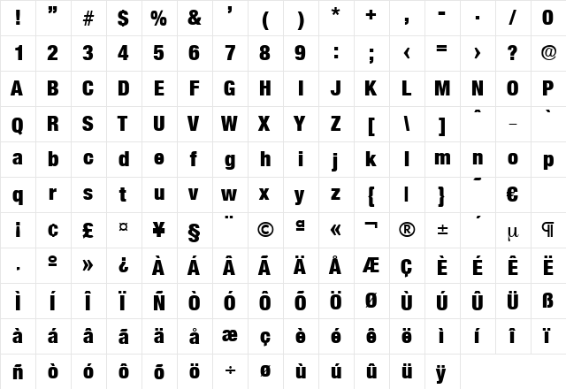 Olnova-HeavyCond Regular  glyph index