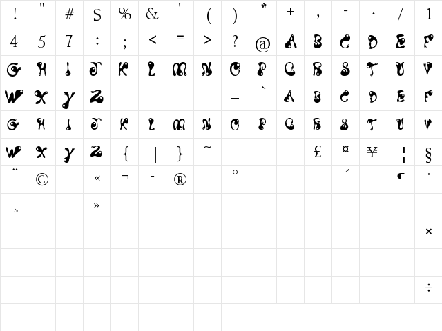 Water Park Regular  glyph index