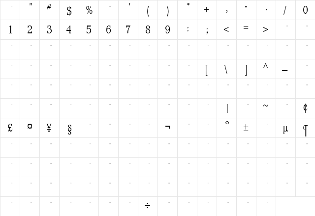 WaverlyLightCondensedTab Roman  glyph index