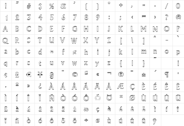 JacobBeckerOutline-Medium Regular  glyph index