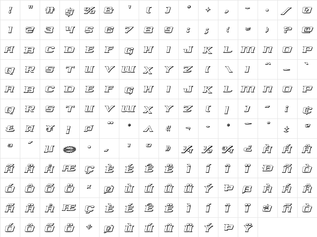 Kreature Kombat 3D Italic Italic  glyph index