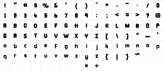 Bonk Fatty Regular  glyph index