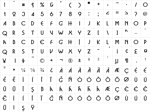 Bosanova Regular  glyph index