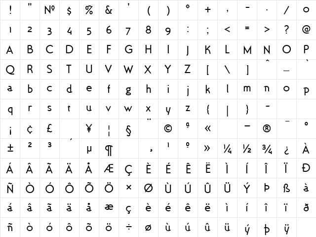 OttomatBook Regular  glyph index