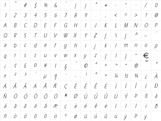 EricThin Italic  glyph index
