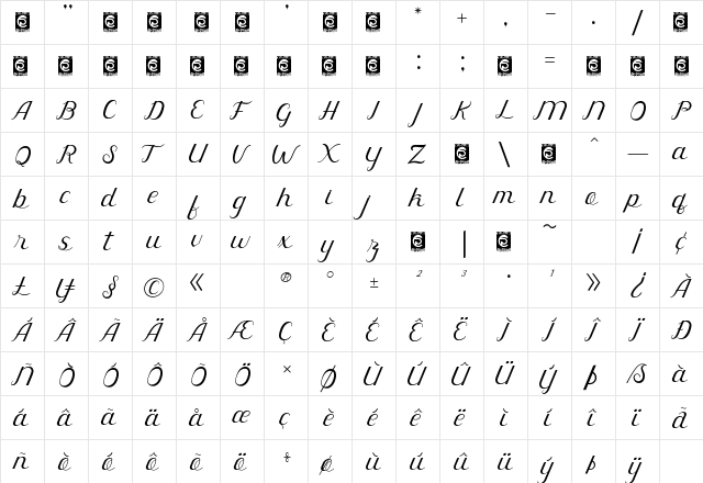 Rahaely Regular  glyph index