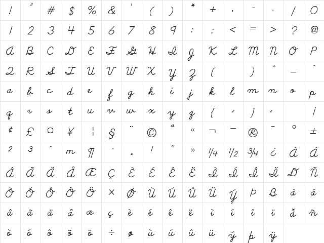 SchoolScript Regular  glyph index