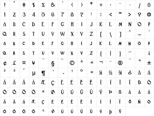 Deco Bold  glyph index